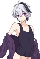 Rule 34 | 1girl, ahoge, androgynous, bare shoulders, black hair, black tank top, bottomless, breasts, bright pupils, collarbone, flower (vocaloid), flower (vocaloid4), hair between eyes, highres, jacket, looking to the side, multicolored hair, open mouth, purple jacket, purple pupils, sena kizahashi, short hair, small breasts, solo, streaked hair, tank top, undressing, upper body, vocaloid, white hair