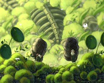 2boys bug bush commentary hollow_knight hollow_knight:_silksong leaf_clothing lily_pad multiple_boys outdoors pill_(hollow_knight) plant red_eyes rock skeleton standing tipp_(hollow_knight) umsha walking