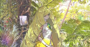 Rule 34 | 1girl, blonde hair, brooch, commentary, diamond-shaped brooch, dress, gem, green eyes, green gem, highres, horimhkw11, jewelry, long hair, lusamine (pokemon), nintendo, outdoors, pokemon, pokemon sm, sleeveless, sleeveless dress, smile, solo, tree, untranslatable commentary, watermark, white dress