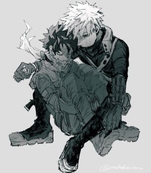 2boys bakugou_katsuki boku_no_hero_academia boots closed_eyes commentary_request covered_mouth crying crying_with_eyes_open freckles gloves grey_background greyscale invisible_chair long_sleeves male_focus midoriya_izuku monochrome multiple_boys scarf simple_background sitting spiked_hair streaming_tears superhero_costume tears tokokeiten torn_clothes torn_scarf