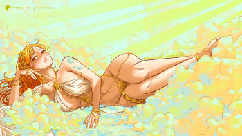a_mimishi artist_name bracelet breasts chain collarbone commentary english_commentary feet flower full_body gem gold_chain hair_flower hair_ornament highres jewelry looking_at_viewer lying nami_(one_piece) navel on_side one_piece parted_lips red_hair revealing_clothes ring thighs toes