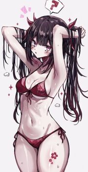 Rule 34 | 1girl, ?, armpit crease, armpits, arms behind head, arms up, bare shoulders, bell, bikini, blush, breasts, brown hair, butterfly-shaped pupils, circle facial mark, cleavage, collarbone, commentary, facial mark, floral print, front-tie top, highres, honkai: star rail, honkai (series), leg tattoo, long hair, looking at viewer, mark under both eyes, medium breasts, navel, neck bell, open mouth, petite, pink eyes, red bikini, side-tie bikini bottom, simple background, solo, sparkle (honkai: star rail), standing, stomach, sweat, swimsuit, symbol-shaped pupils, tattoo, thick thighs, thighs, twintails, underboob, usa (usagi minku)