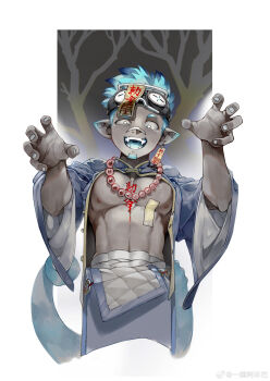1boy abs absurdres arknights bead_necklace beads blue_hair chameleon_boy chameleon_tail chinese_commentary chinese_text commentary_request earrings ethan_(arknights) facial_hair fangs goatee goggles goggles_on_head highres jewelry jiangshi male_focus muscular muscular_male navel necklace nipples ofuda open_mouth outstretched_arms pectorals pointy_ears single_earring tail translation_request watermark weibo_watermark yi_tan_a_mi_ba zombie_pose