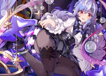 Rule 34 | 1girl, absurdres, ascot, ass, black nails, black pantyhose, blush, bow, bowtie, commentary request, drill hair, gem, hairband, high heels, highres, ntmy4332, open mouth, pantyhose, patterned legwear, pointy ears, purple ascot, purple bow, purple bowtie, purple gem, purple hair, purple hairband, red eyes, shrug (clothing), sideboob cutout, solo, vivian banshee, white shrug, zenless zone zero