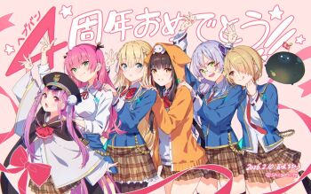 Rule 34 | 6+girls, aikawa megumi, animal hood, arm up, behind another, black cloak, blonde hair, blue jacket, brown hair, brown skirt, cloak, commentary request, glasses, gomi chihiro, group picture, hat, heaven burns red, hood, hoodie, izumi yuki (heaven burns red), jacket, kayamori ruka, kunimi tama, long hair, multiple girls, narby (heaven burns red), necktie, one eye covered, orange hoodie, pink hair, red necktie, school uniform, shirt, short hair, skirt, smile, team 31a (heaven burns red), white hair, white shirt