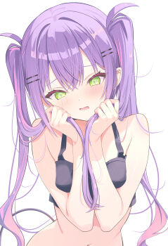 Rule 34 | 1girl, @ @, absurdres, barbell piercing, black tank top, blush, colored inner hair, commentary request, crop top, crossed bangs, demon girl, demon tail, double-parted bangs, ear piercing, gradient hair, green eyes, hair between eyes, hair ornament, hairclip, hands up, highres, holding own hair, hololive, industrial piercing, long hair, multicolored hair, navel, nekonosuke, open mouth, paid reward available, parallel hairclips, piercing, pink hair, pink streaks, pointy ears, purple hair, simple background, solo, spiked ear piercing, streaked hair, tail, tank top, tokoyami towa, tokoyami towa (1st costume), twintails, upper body, virtual youtuber, wavy mouth, white background