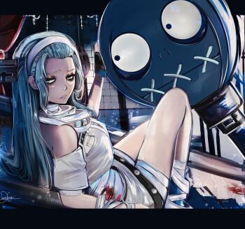 1girl a.b.a absurdres aqua_eyes aqua_hair bags_under_eyes bandaged_leg bandages bangs_pinned_back black_gloves blood bloody_bandages cattedawn commentary fingerless_gloves gloves guilty_gear guilty_gear_strive hairband highres indoors key key_in_head long_hair looking_at_viewer midriff_sarashi object_through_head oversized_object paracelsus_(guilty_gear) parted_lips reclining sarashi shirt shorts signature stitched_mouth stitches tile_wall tiles turning_head white_hairband white_shirt white_shorts