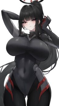 Rule 34 | 1girl, absurdres, black bodysuit, black hair, black halo, blue archive, bodysuit, breasts, commentary, covered navel, first one14, halo, highres, huge breasts, long hair, looking at viewer, official alternate costume, parted lips, red eyes, rio (blue archive), rio (bodysuit) (blue archive), simple background, skin tight, solo, very long hair, white background