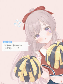 1girl :o alternate_costume blush breasts character_name cheerleader commentary_request cropped_shirt dialogue_box flying_sweatdrops gameso grey_hair hair_ornament head_tilt highres idolmaster idolmaster_shiny_colors long_hair looking_at_viewer medium_breasts midriff navel pom_pom_(cheerleading) pom_pom_(clothes) pom_pom_hair_ornament ponytail purple_eyes red_shirt shirt simple_background solo star_(symbol) star_sticker sticker sticker_on_face translation_request very_long_hair yukoku_kiriko