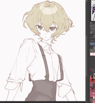 1boy black_pants blonde_hair closed_mouth collared_shirt cowboy_shot limbus_company looking_at_viewer male_focus official_alternate_costume pants project_moon s_08_nn_nn shirt short_hair simple_background sinclair_(project_moon) solo suspenders white_background white_shirt yellow_eyes