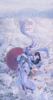 2girls absurdres architecture back-to-back black_skirt black_thighhighs blue_eyes chihaya_(clothing) chyl commentary dual_persona east_asian_architecture floating_hair folding_fan fortissimo green_eyes green_hair hair_ornament hair_ribbon hand_fan hatsune_miku highres holding holding_fan holding_umbrella hood hood_up hooded_kimono japanese_clothes kimono leaf long_hair looking_to_the_side midair miniskirt mountainous_horizon multiple_girls musical_note musical_note_hair_ornament oil-paper_umbrella open_mouth outdoors pleated_skirt ribbon sandals shiromuku shrine skirt smile snow snowflakes striped_clothes striped_thighhighs tabi tassel thighhighs torii trait_connection tree uchikake umbrella vertical-striped_clothes vertical-striped_thighhighs very_long_hair vocaloid wataboushi white_hair white_kimono wide_shot wide_sleeves winter yuki_miku yuki_miku_(2013) yuki_miku_(2018) zouri