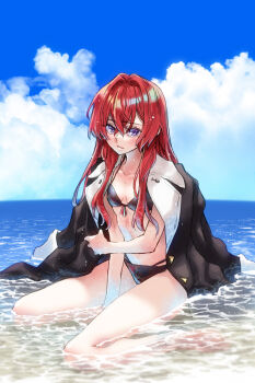 Rule 34 | 1girl, alternate costume, ange katrina, arm support, bare legs, bikini, black bikini, black coat, blue sky, blush, breasts, caustics, cloud, coat, coat on shoulders, collarbone, commentary request, crossed bangs, day, eyelashes, full body, hair between eyes, hair intakes, highres, horizon, lips, long bangs, long hair, looking at viewer, multi-strapped bikini bottom, nijisanji, ocean, outdoors, parted lips, purple eyes, red hair, shallow water, shore, sitting, sky, small breasts, solo, swimsuit, takanashi ringo, very long hair, virtual youtuber, wading, wariza, water
