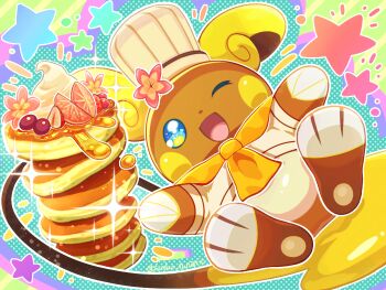 ;d alolan_form alolan_raichu chef_hat clothed_pokemon commentary_request flower food fruit full_body gen_7_pokemon hat highres neckerchief nintendo no_humans one_eye_closed open_mouth outline pancake pancake_stack pokemon pokemon_(creature) pokemon_focus runachikku shirt sitting smile sparkle star_(symbol) strawberry strawberry_slice syrup whipped_cream white_hat white_outline white_shirt yellow_neckerchief