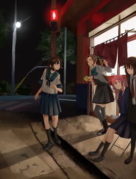 4girls absurdres akigumo_(kancolle) akigumo_kai_ni_(kancolle) black_hair black_jacket black_sailor_collar black_skirt blazer blue_sailor_collar blue_shirt blue_skirt blue_sky boots brown_hair cloud collared_shirt commentary_request dress dress_shirt grey_dress grey_jacket grey_thighhighs halter_dress halterneck highres jacket kantai_collection kuragare lace-up_boots lamppost long_hair miyuki_(kancolle) multiple_girls necktie night noren pedestrian_lights pink_eyes pleated_skirt ponytail red_necktie sailor_collar sailor_shirt school_uniform serafuku shirt short_hair skirt sky thighhighs uzuki_(kancolle) wakaba_(kancolle) white_shirt