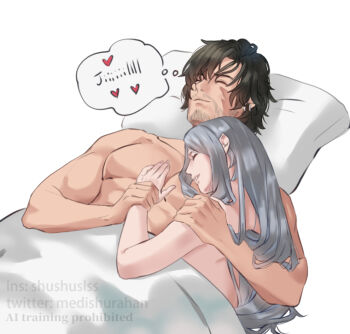 1boy 1girl arm_around_shoulder beard_stubble black_hair character_name clive_rosfield closed_eyes commentary couple earrings english_commentary facial_hair facial_scar final_fantasy final_fantasy_xvi grey_hair hair_between_eyes hand_on_another's_chest hetero holding_another's_wrist jewelry jill_warrick light_smile medishurahan parted_bangs parted_lips pillow scar scar_on_cheek scar_on_face short_hair stubble topless_female topless_male twitter_username under_covers white_background