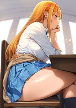 1girl blue_skirt blunt_bangs blush brown_cardigan cardigan cardigan_around_waist chair clothes_around_waist crossed_legs elbow_rest gakuen_idolmaster green_eyes hand_on_own_chin hatsuboshi_gakuen_school_uniform head_rest highres idolmaster long_hair mole mole_under_eye open_mouth orange_hair pleated_skirt school_uniform shiitake_taishi shirt shiun_sumika short_sleeves sitting skirt solo straight_hair sweater sweater_around_waist table thighs white_shirt