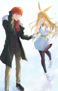 1boy 1girl absurdres artist_request bare_shoulders black_coat black_footwear black_gloves black_pantyhose blonde_hair blush boots brown_pants closed_eyes coat dress emiya_shirou fate/grand_order fate/stay_night fate_(series) full_body fur-trimmed_boots fur-trimmed_coat fur-trimmed_gloves fur_trim gloves halter_dress halterneck head_wings highres holding_hands ice ice_skates long_hair long_sleeves lower_teeth_only non-web_source open_clothes open_coat open_mouth outdoors pants pantyhose purple_shirt red_hair red_scarf scarf shirt short_hair skates sleeveless sleeveless_dress smile teeth thrud_(fate) thrud_(ring_the_bell)_(fate) valkyrie_(fate) white_dress white_footwear white_gloves wings yellow_wings