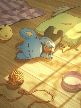 bowl closed_eyes commentary_request cushion gen_4_pokemon highres lying nintendo no_humans official_art open_mouth pokemon pokemon_(creature) pokemon_focus shadow shinx sleeping solo yarn yarn_ball