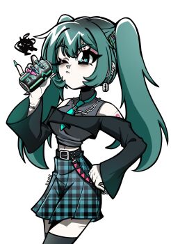 1girl alt-girl_for_skuf aqua_hair aqua_nails arm_tattoo belt black_belt black_thighhighs blue_eyes blue_nails blue_necktie blue_skirt breasts can closed_mouth commentary cowboy_shot drink_can ear_piercing earrings english_commentary grey_shirt hair_ornament hairclip hand_on_own_hip hatsune_miku highres holding jewelry long_hair long_sleeves makeup medium_breasts midriff miniskirt navel necklace necktie one_eye_closed piercing pink_nails plaid_clothes plaid_skirt pleated_skirt rikani scar scar_on_arm shirt signature simple_background skirt sleeveless sleeveless_shirt solo tattoo thighhighs twintails vocaloid white_background