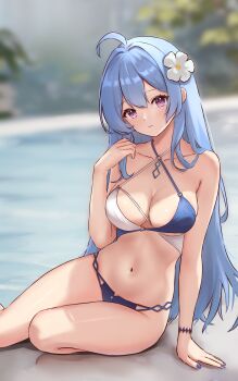 1girl absurdres ahoge azur_lane bikini blue_bikini blue_hair blue_nails blurry breasts cleavage criss-cross_halter depth_of_field fanteam flower hair_flower hair_ornament halterneck helena_(azur_lane) helena_(shimmering_triangle_wave)_(azur_lane) highres looking_at_viewer medium_breasts multicolored_bikini official_alternate_costume purple_eyes sitting solo swimsuit two-tone_bikini white_bikini
