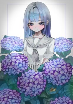 1girl arms_at_sides bad_id bad_twitter_id blue_eyes blue_hair closed_mouth flower grey_neckerchief highres hydrangea image_sample long_hair looking_at_viewer neckerchief original pleated_skirt purple_flower sailor_collar sailor_shirt school_uniform serafuku shiona_(siona0625) shirt short_sleeves skirt snail solo twitter_sample white_sailor_collar white_serafuku white_shirt white_skirt