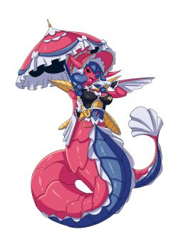 black_sclera blue_hair colored_sclera digimon digimon_(creature) dragon_ball dragonball_z hat horns lamia lamiamon long_hair looking_at_viewer monster_girl ribbon transparent_background yellow_eyes