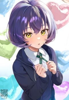 balloon blue_hair highres idoly_pride igawa_aoi non-web_source pastel_colors qqubbell qr_code school_uniform short_hair yellow_eyes