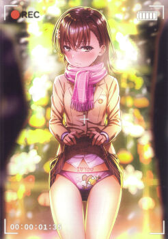 1girl absurdres asymmetrical_bangs battery_indicator blazer blush brown_eyes brown_hair brown_jacket christmas_lights christmas_ornaments christmas_tree clothes_lift comiket_107 cowboy_shot crowd embarrassed exhibitionism flower gluteal_fold hair_behind_ear hair_flower hair_ornament highres i_heart... isshi_pyuma jacket lifting_own_clothes loli long_sleeves looking_at_viewer medium_hair misaka_mikoto panties plaid_clothes plaid_skirt pleated_skirt pout public_indecency recording scan scarf school_emblem school_uniform skirt solo standing thigh_gap thighs toaru_kagaku_no_railgun toaru_majutsu_no_index tokiwadai_school_uniform twitter_username underwear viewfinder winter_uniform