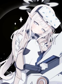 1girl black_background blue_archive bodysuit brown_jacket closed_mouth commentary_request goggles goggles_on_head grey_eyes halo highres himari_(armed)_(blue_archive) himari_(blue_archive) jacket light_blush long_hair mole mole_under_eye official_alternate_costume open_clothes open_jacket pointy_ears sakurano_rocco smile solo white_bodysuit white_hair white_halo