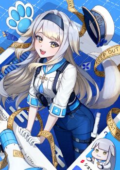 1girl :d absurdres armillarphere_v blonde_hair breasts caution_tape chibi dog_tail gloves hairband half_gloves hat highres light_blush long_hair medium_breasts megaphone nijisanji open_mouth peaked_cap shioriha_ruri shioriha_ruri_(1st_costume) smile tail virtual_youtuber yellow_eyes