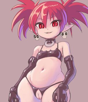 1girl absurdres blush bra breasts clothes_cutout clothing_cutout crotch_cutout demon_girl disgaea earrings elbow_gloves etna_(disgaea) fangs female_focus gloves highres jewelry loli looking_at_viewer navel pointy_ears profitwalrus pussy red_eyes red_hair skull_earrings small_breasts smile solo standing stomach thighs thong twintails underwear