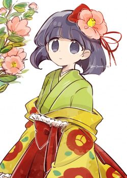 Rule 34 | 1girl, artist name, commentary, floral print, floral print kimono, flower, green kimono, hair flower, hair ornament, hieda no akyuu, highres, japanese clothes, kimono, looking at viewer, pink flower, print kimono, purple eyes, purple hair, short hair, solo, tama (hiroshige 36), touhou