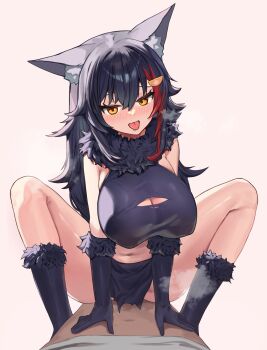 1boy 1girl :p animal_ears black_gloves black_hair blue_archive blush breasts cleavage_cutout clothing_cutout cosplay girl_on_top gloves hetero highres hololive implied_sex kazusa_(blue_archive) kazusa_(blue_archive)_(cosplay) kazusa_(halloween)_(blue_archive) large_breasts midriff multicolored_hair navel official_alternate_costume ookami_mio pink_background pov red_hair saliva simple_background squatting_cowgirl_position streaked_hair tongue tongue_out virtual_youtuber wolf_ears wolf_girl woogi_(duguddnr) yellow_eyes