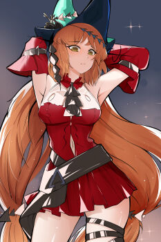 Rule 34 | 1girl, absurdres, aqua hat, arknights, armpits, arms behind head, ascot, ayamiya, black ascot, choker, cosplay, cowboy shot, detached sleeves, fish hat ornament, green eyes, grey background, hat, highres, ishmael (project moon), limbus company, long hair, looking at viewer, low-tied long hair, orange hair, project moon, red choker, simple background, skadi (arknights), skadi the corrupting heart (arknights), skadi the corrupting heart (arknights) (cosplay), solo, sparkle, thigh strap, very long hair