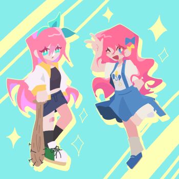 2girls ;d aqua_background aqua_eyes aqua_hairband arm_behind_back arm_up aubrey_(faraway)_(omori) aubrey_(omori) balloon_print bandaid bandaid_on_knee bandaid_on_leg baseball_bat black_shirt black_socks blue_bow blue_eyes blue_shoes blue_skirt bow bow_hairband bright_pupils chinese_commentary closed_mouth color_connection commentary_request crop_top cropped_shirt crossover cutie_mark denim denim_skirt double-parted_bangs frown full_body green_shoes hair_between_eyes hair_bow hair_color_connection hairband highres holding holding_baseball_bat jacket kneehighs knees_apart_feet_together knees_together_feet_apart long_hair long_sleeves mary_janes medium_skirt midriff miniskirt multiple_girls my_little_pony my_little_pony:_friendship_is_magic nail_(hardware) nail_bat no_lineart omori one_eye_closed open_clothes open_jacket open_mouth pink_hair pinkie_pie puffy_long_sleeves puffy_sleeves shirt shoelaces shoes short_sleeves skirt smile socks sparkle standing standing_on_one_leg suspender_skirt suspenders t-shirt taierzhimeng77405 two-tone_background very_long_hair w wavy_hair white_jacket white_shirt white_socks yellow_background yellow_bow yellow_pupils