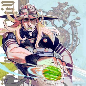 Rule 34 | 1boy, cowboy hat, goggles, goggles on headwear, green lips, grills, gyro zeppeli, hat, horse, jojo no kimyou na bouken, male focus, namnums, solo, spurs, steel ball (jojo), steel ball run