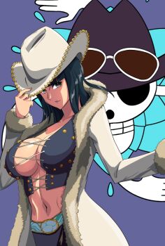 Rule 34 | 1girl, 2026, black hair, blunt bangs, breasts, cleavage, coat, collarbone, cowboy shot, cross-laced clothes, cross-laced top, difkworks, fur-trimmed coat, fur trim, hat, hat tip, jolly roger, large breasts, long hair, looking at viewer, navel, nico robin, nico robin (alabasta), one piece, purple skirt, shiny skin, skirt, solo, white coat, white hat
