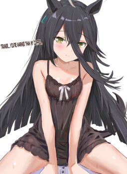 1girl 1other ahoge animal_ear_piercing animal_ears babydoll bare_arms black_babydoll black_hair blush closed_mouth commentary english_text flygombal hair_between_eyes highres horse_ears horse_girl horse_tail long_hair looking_at_viewer manhattan_cafe_(umamusume) nipples pov see-through_babydoll see-through_clothes simple_background sitting sitting_on_person smile solo_focus straddling tail umamusume white_background yellow_eyes