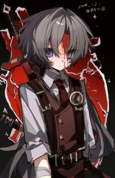 Rule 34 | 1boy, belt, black background, blood, blood on face, cifeiyi12508, collared shirt, cowboy shot, hashtag-only commentary, heart, highres, limbus company, long hair, looking at viewer, lucio (project moon), male focus, necktie, project moon, purple eyes, red necktie, red vest, shirt, simple background, solo, suspenders, vest, white hair, white shirt