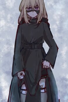 Rule 34 | 1girl, bang dream!, bang dream! it's mygo!!!!!, black cloak, blonde hair, cloak, commentary request, doloris (bang dream!), garter straps, hood, hood down, kneehighs, long sleeves, looking at viewer, mask, masquerade mask, medium hair, misumi uika, purple eyes, setou (bpdne), socks, solo