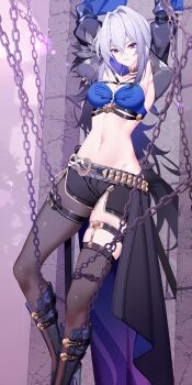 1girl armpits arms_up bandeau black_boots black_jacket black_pantyhose black_shorts blue_bandeau blue_hair boots bound breasts chain chinese_commentary cleavage clenched_teeth commentary_request criss-cross_straps cropped_jacket crossed_bangs galbrena_(wuthering_waves) gold_choker grey_hair groin hair_between_eyes hair_intakes highres jacket knee_boots large_variant_set medium_breasts medium_hair midriff multicolored_hair nami_qi navel open_clothes open_jacket pantyhose purple_eyes restrained short_shorts shorts sidelocks single_leg_pantyhose single_thighhigh single_wing skindentation solo standing teeth textless_version thigh_strap thighhighs variant_set waist_cape wings wuthering_waves