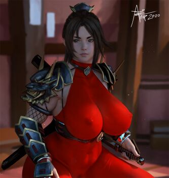 1girl 2020 arm_guards armor artist_name artnip belly black_hair blurry blurry_background bodysuit breasts brown_hair closed_mouth covered_erect_nipples curvy female_pubic_hair gloves hand_on_hilt impossible_bodysuit impossible_clothes kodachi large_breasts looking_to_the_side ninja nose parted_bangs pink_lips pubic_hair pussy red_bodysuit sheath sheathed short_sword shoulder_armor skin_tight solo soul_calibur soulcalibur soulcalibur_iv squatting sword tagme taki_(soulcalibur) thick_thighs thighs weapon wide_hips