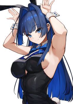 1girl absurdres alternate_costume animal_ear_hairband animal_ears armpits black_leotard blue_bow blue_bowtie blue_eyes blue_hair blunt_bangs blunt_ends bow bowtie breasts cleavage closed_mouth clothing_cutout colored_inner_hair cutout_above_navel ear_piercing fake_animal_ears fang h4kuuua_0 hair_intakes hairband hands_up hashtag-only_commentary highres hololive hololive_english lapels large_breasts leotard long_hair looking_at_viewer multicolored_hair ouro_kronii piercing playboy_bunny rabbit_ear_hairband rabbit_ears rabbit_pose rabbit_tail sideboob simple_background skin_fang smile solo tail virtual_youtuber white_background wrist_cuffs