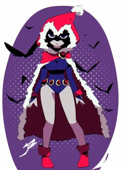 1girl absurdres aetherion alternate_costume belt bird breasts cape christmas cloak closed_mouth colored_skin crow dc_comics frown full_body grey_skin highres leotard looking_at_viewer medium_breasts purple_eyes raven_(dc) red_cloak sleeved_leotard solo standing teen_titans