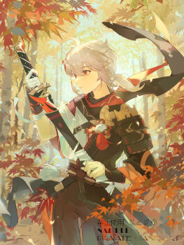 1boy absurdres ahoge asymmetrical_sleeves bandaged_hand bandages cowboy_shot dappled_sunlight day floating_scarf genshin_impact hair_between_eyes highres holding holding_sword holding_weapon japanese_clothes kaedehara_kazuha kaekaeki kimono leaf looking_at_object low_ponytail male_focus maple_leaf maple_tree medium_hair multicolored_hair outdoors parted_lips ponytail red_eyes scarf sheath sidelocks solo standing streaked_hair sun sunlight sword tassel tree weapon white_hair wind