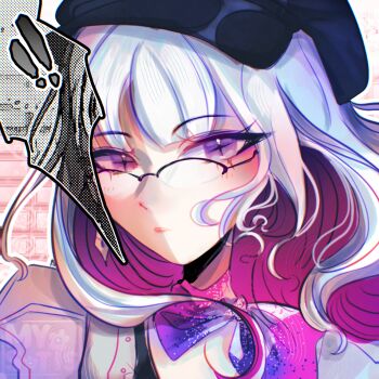 1girl blue_hat colored_inner_hair commentary english_commentary glasses hat highres honkai:_star_rail honkai_(series) long_hair looking_at_viewer multicolored_hair myosotis_(myojotis) nihilux_(honkai:_star_rail) portrait purple_eyes purple_hair solo white_hair