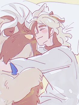 1boy animal_hands animal_nose arven_(pokemon) blonde_hair brown_hair closed_eyes commentary_request cuddling head_on_pillow highres light_smile lying mabosstiff male_focus multicolored_hair nintendo on_bed on_side oysmrm pillow pokemon pokemon_sv sleeping two-tone_hair upper_body