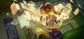 1girl artist_request black_necktie black_skirt breasts brown_hair camera_phone cellphone checkered_clothes checkered_skirt collared_shirt flip_phone frilled_shirt_collar frills game_cg geta hakurei_reimu hat himekaidou_hatate holding holding_phone indoors kawashiro_nitori kirisame_marisa kochiya_sanae lens_flare long_hair multiple_girls necktie non-web_source official_art phone photo_(object) pointy_ears puffy_short_sleeves puffy_sleeves purple_hat purple_skirt shameimaru_aya shirt short_sleeves sitting skirt smile solo tokin_hat torii touhou touhou_gensou_eclipse twintails two-tone_skirt white_shirt