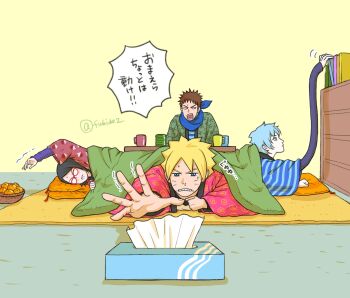 Rule 34 | 1girl, 3boys, bandana, bandana around neck, basket, black hair, blonde hair, blue eyes, blue hair, book, boruto: naruto next generations, brown hair, clenched teeth, commentary request, cup, extendable limbs, facial mark, food, fruit, glasses, highres, kotatsu, mandarin orange, matsu (fu6ide2), mitsuki (naruto), mug, multiple boys, naruto (series), opaque glasses, reaching, sarutobi konohamaru, sleeves past wrists, snot, spiked hair, sweat, table, team 7 (boruto), teeth, tissue box, translation request, twitter username, uchiha sarada, under kotatsu, under table, uzumaki boruto, whisker markings, yellow eyes