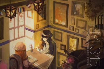 2girls black_hair blonde_hair book bottle bush cage capelet chair cup czech_flag dress drinking_glass dutch_flag english_text flower french_flag from_above german_flag grass hat head_rest indoors kita_(kitairoha) lamp leaf long_sleeves maribel_hearn medium_hair mob_cap multiple_girls open_book painting_(object) pointing purple_dress rose shirt sitting sunlight swiss_flag table tablecloth time touhou twilight usami_renko vase wall white_shirt window